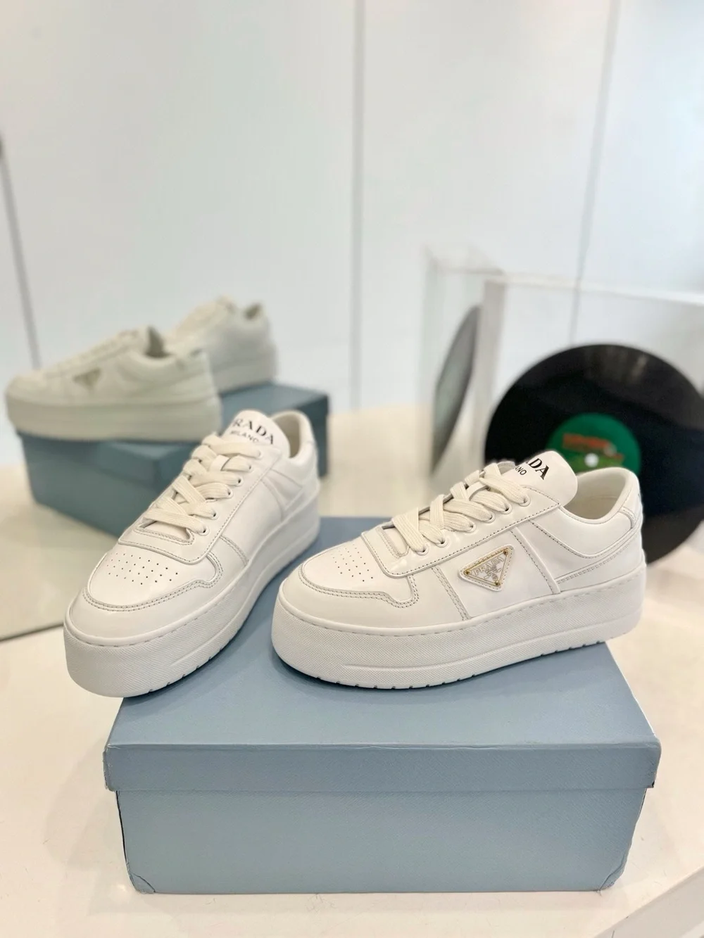 White Leather Platform Lace-Up Sneakers with Gold Triangle Accent